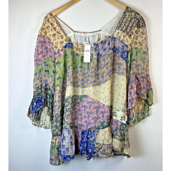 Floreat by Anthropologie Boho Patchwork Beaded Blouse Sheer Lining Large NWT - Picture 3 of 11